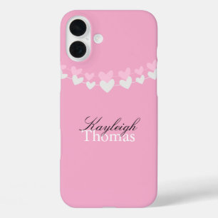 Pink and White Hearts Personalised iPhone 16 Plus Case