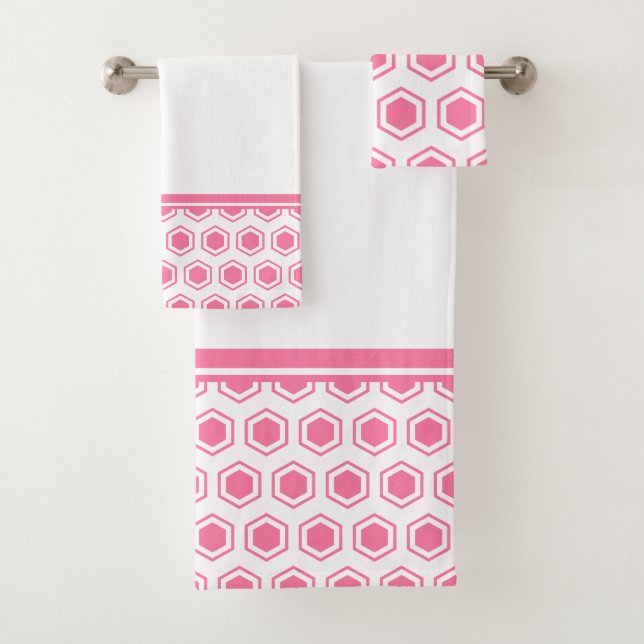 Pink and White Hexagonal Pattern Bath Towel Set (Insitu)