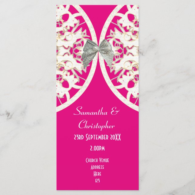 Pink and white lace damask church wedding program programme (Front)