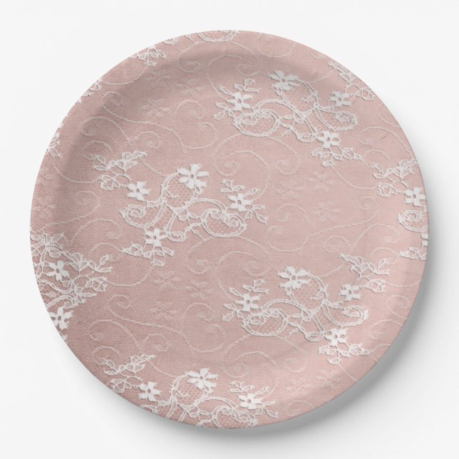 Pink and White Lace Shabby Chic Paper Plate (Front)