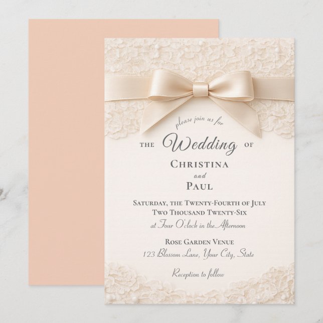 Pink and White Lace Wedding Invitation (Front/Back)