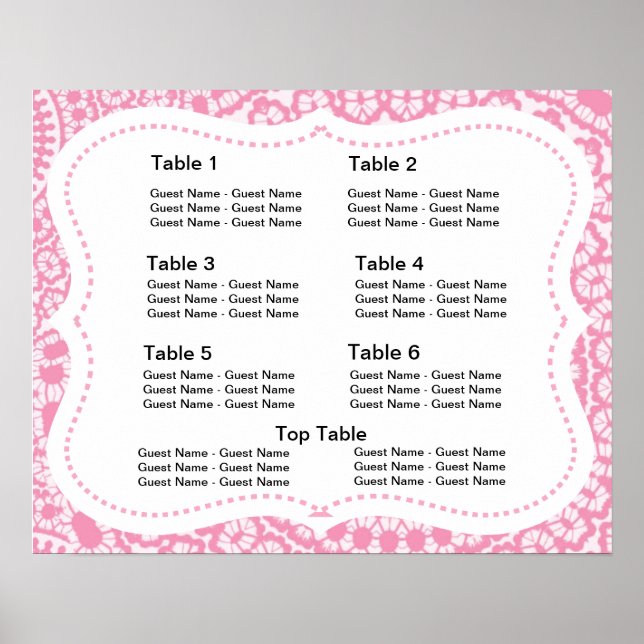 Pink and White Lacy Damask Seating Plan Chart (Front)