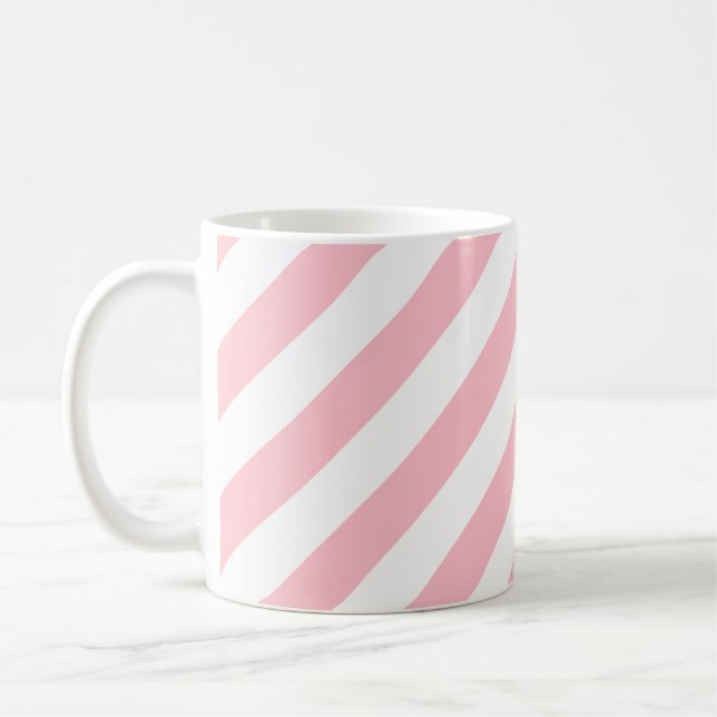 Pink and White Large Diagonal Stripes Pattern Coffee Mug (Left)
