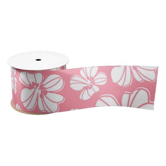 Pink and White Large Hawaiian Floral Ribbon Satin Ribbon (Spool)