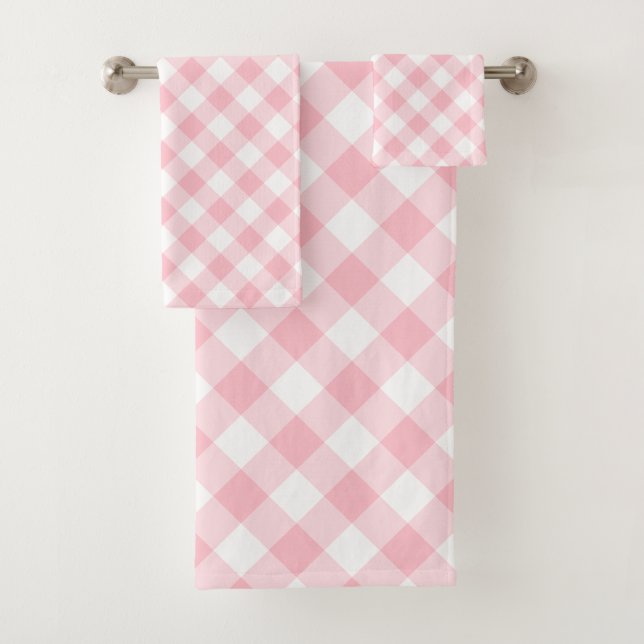 Pink and White Large Size Diagonal Gingham Checks Bath Towel Set (Insitu)
