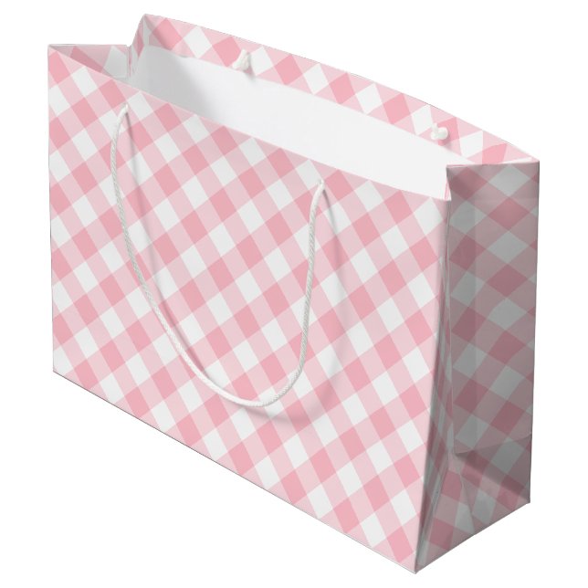 Pink and White Large Size Diagonal Gingham Checks Large Gift Bag (Back Angled)