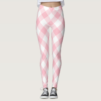 Pink and White Large Size Diagonal Gingham Checks Leggings