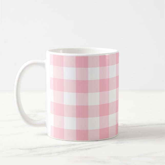 Pink and White Large Size Gingham Checks Coffee Mug (Left)