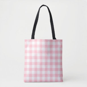 Pink and White Large Size Gingham Checks Pattern Tote Bag