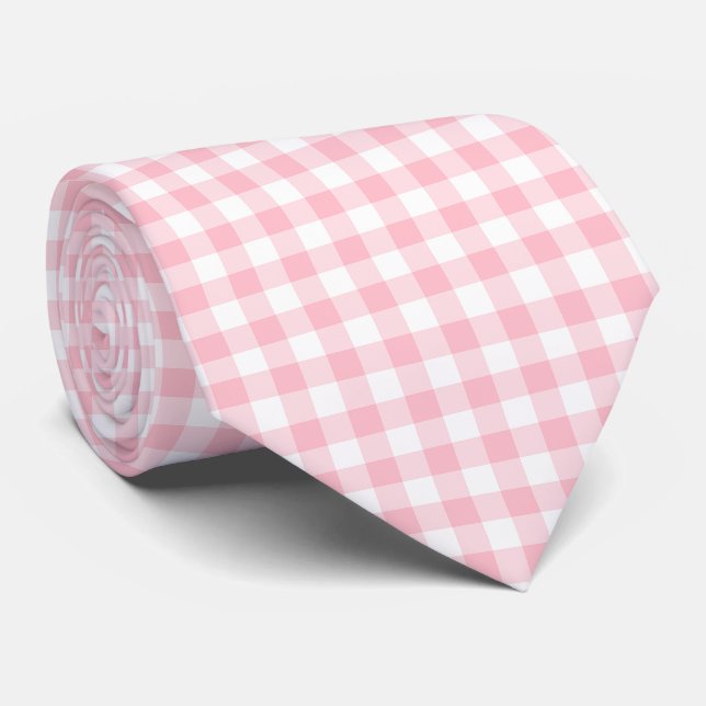 Pink and White Large Size Gingham Checks Tie (Rolled)
