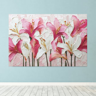 Pink and White Lilies on  Textured Abstract Art Canvas Print