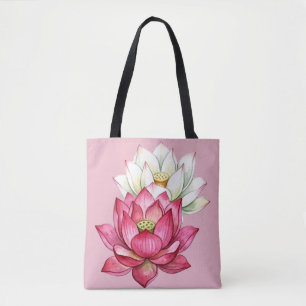 Pink And White Lotus Blossom Watercolor Tote Bag