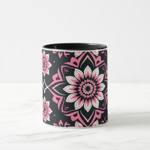 Pink and White Mandala on Black Background Mug