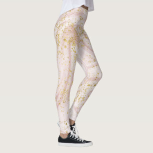 Pink and White Marble Swirl Gold Glitter Leggings