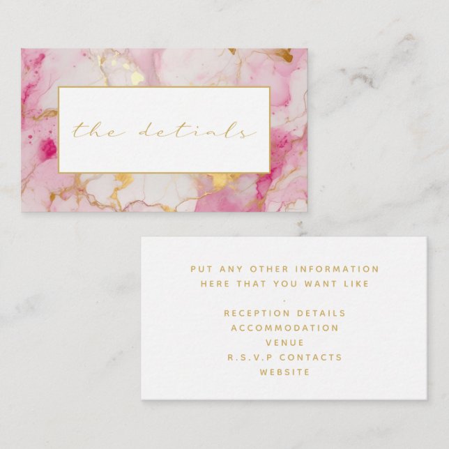 Pink and white marble the details wedding enclosure card (Front/Back)