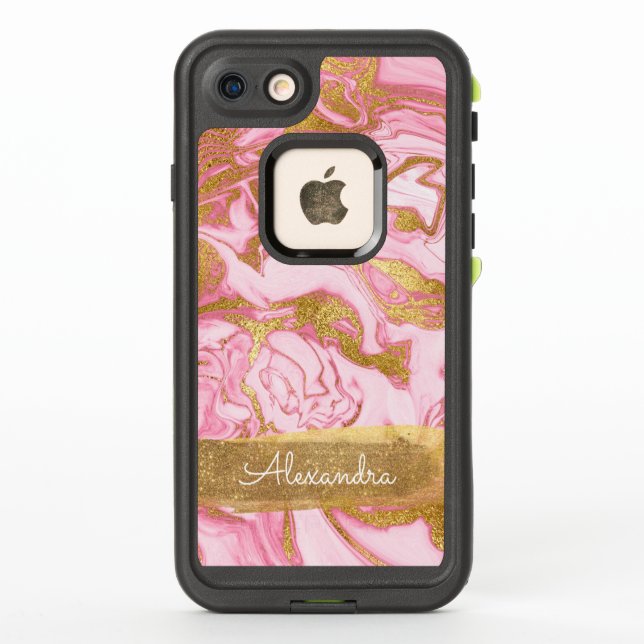 Pink and White Marble with Gold Foil and Glitter LifeProof iPhone Case (Back)
