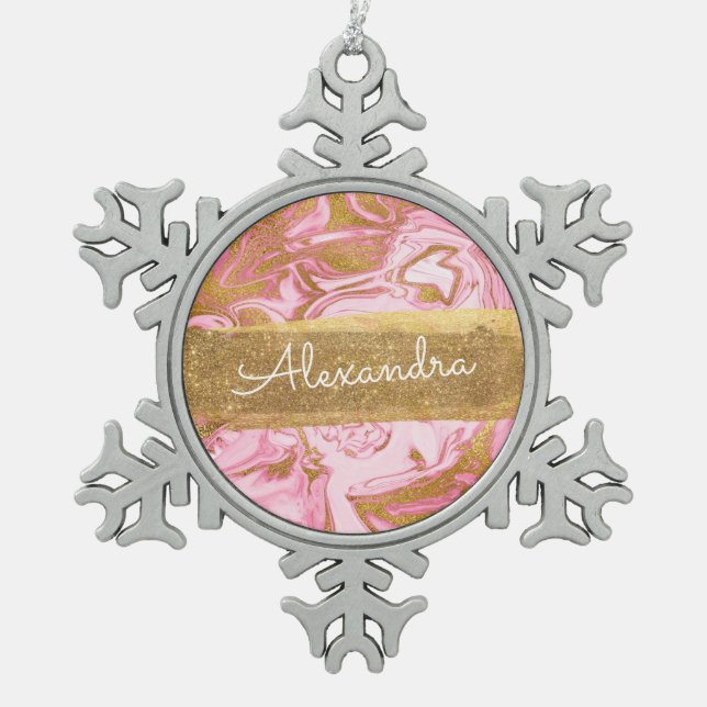 Pink and White Marble with Gold Sparkle & Glitter Snowflake Pewter Christmas Ornament (Front)