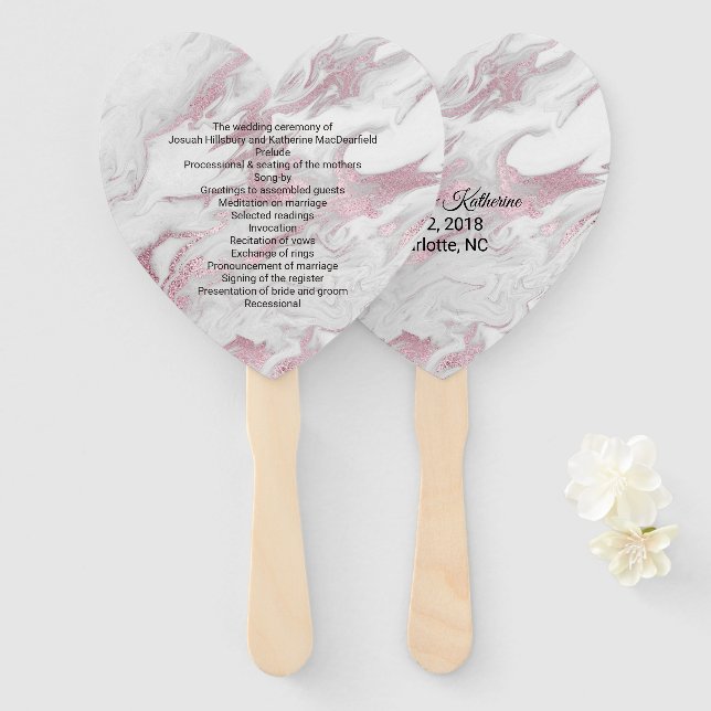 Pink and White Marbled Wedding Program Fan (Front and Back)