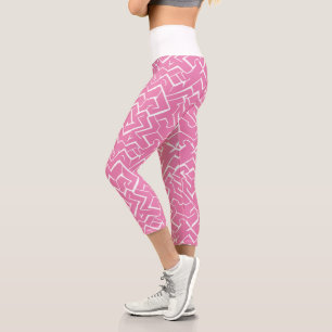 Pink and White Meander Pattern   Modern Maze Capri Leggings