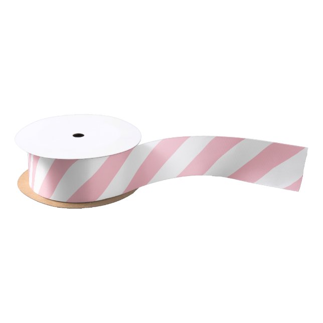 Pink and White Medium Diagonal Stripes Ribbon Satin Ribbon (Spool)