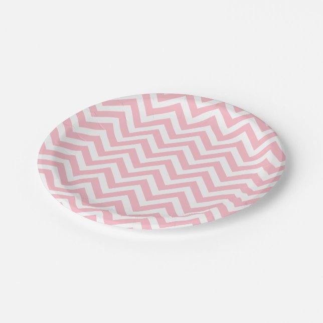 Pink and White Medium Size Chevron Stripes Paper Plate (Angled)
