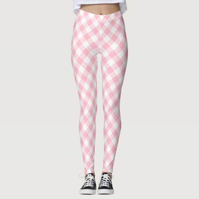 Pink and White Medium Size Diagonal Gingham Checks Leggings (Front)