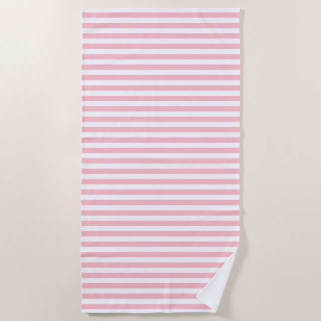 Pink and White Medium Size Horizontal Stripes Beach Towel (Front)