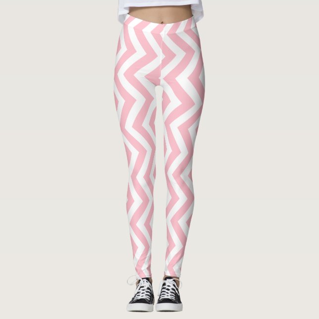Pink and White Medium Size Vertical Chevron Leggings (Front)