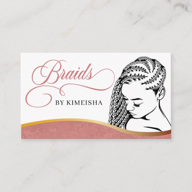 Pink and White Modern Hair Braiding Salon Business Card (Front)