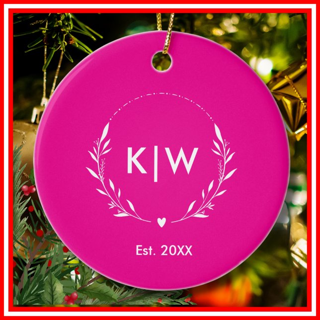Pink and White | Modern Initials Monogram Ceramic Tree Decoration (Pink and White | Modern Initials Monogram Ceramic Ornament)