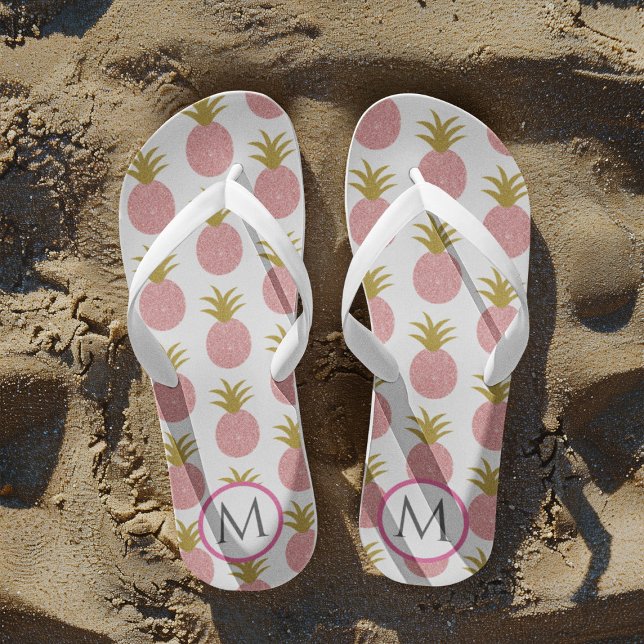 Pink and White Monogram Glitter Pineapple Jandals (Creator Uploaded)