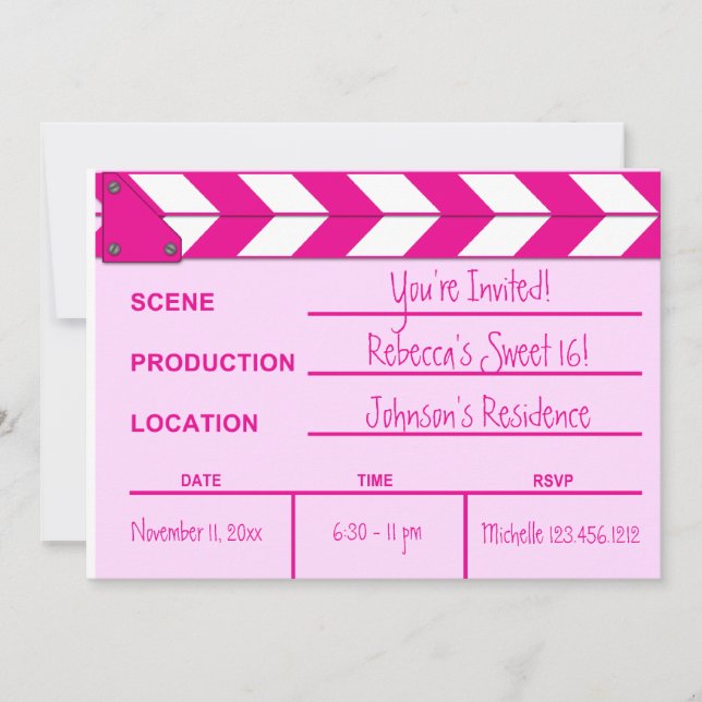 Pink and White Movie Clapboard Sweet 16 invites (Front)