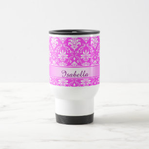 Pink and White Named Damask Travel Mug