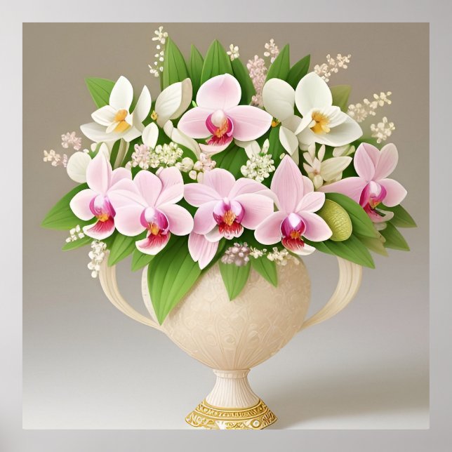 Pink and White Orchids in an Ornate Vase Poster (Front)