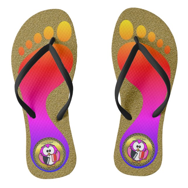 Pink and white owl holding school books and gold jandals (Footbed)