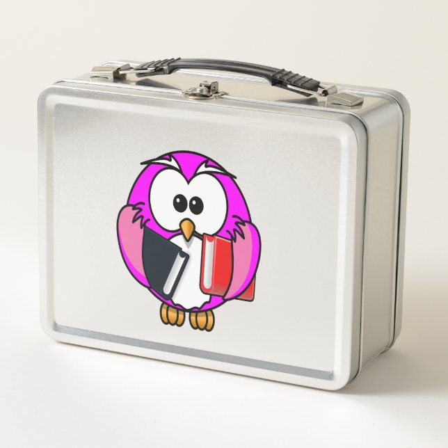 Pink and white owl holding some school books metal lunch box (Front)