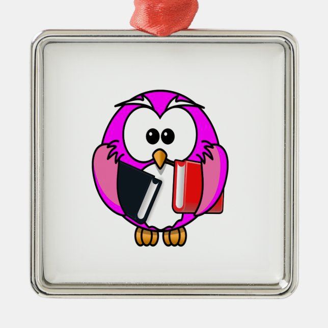 Pink and white owl holding some school books metal tree decoration (Front)