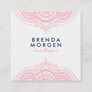 Pink and white paisley mandala square business card