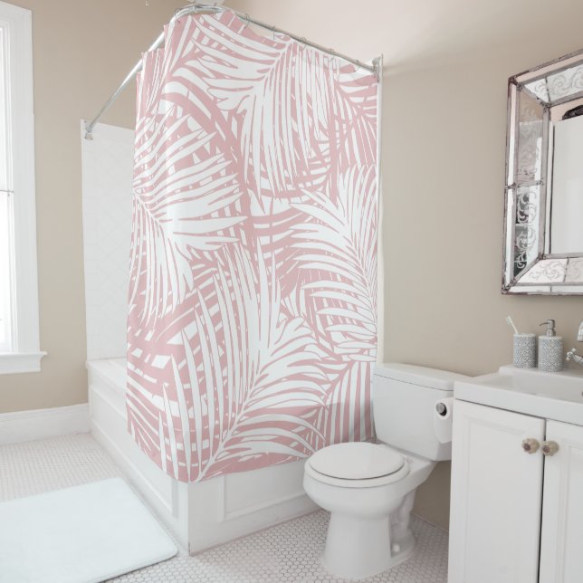 Pink and White Palm Leaf Pattern Tropical Shower Curtain (In Situ)