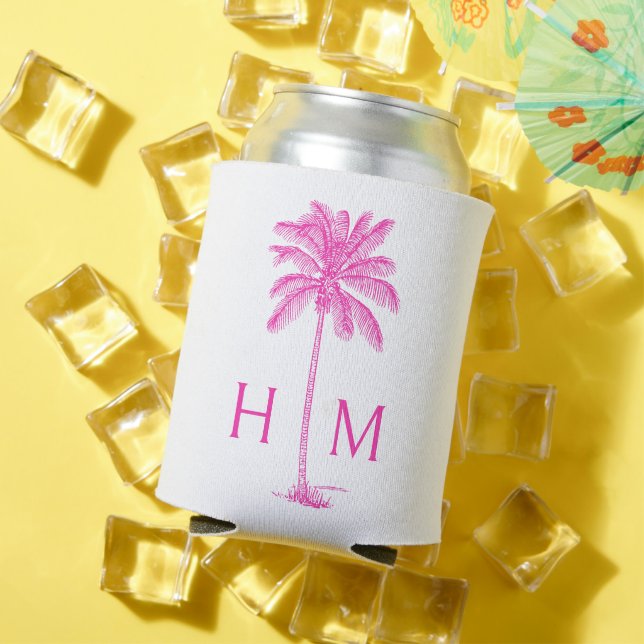Pink and White Palm Palmetto Tree Monogram Can Cooler (In Situ Summer)