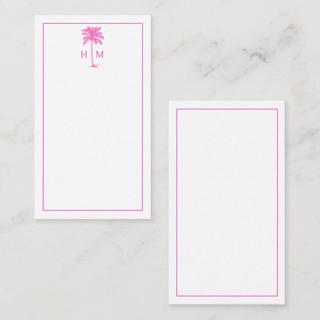 Pink and White Palm Palmetto Tree Monogram Card (Front/Back)