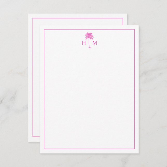 Pink and White Palm Palmetto Tree Monogram Card (Front/Back)