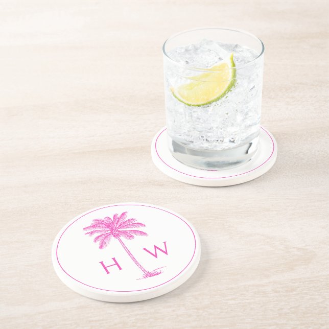 Pink and White Palm Palmetto Tree Monogram Coaster (Side)