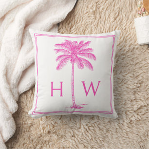 Pink and White Palm Palmetto Tree Monogram Cushion