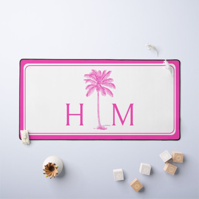 Pink and White Palm Palmetto Tree Monogram Desk Mat (Kids Table)