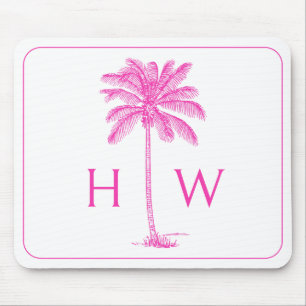 Pink and White Palm Palmetto Tree Monogram Mouse Pad