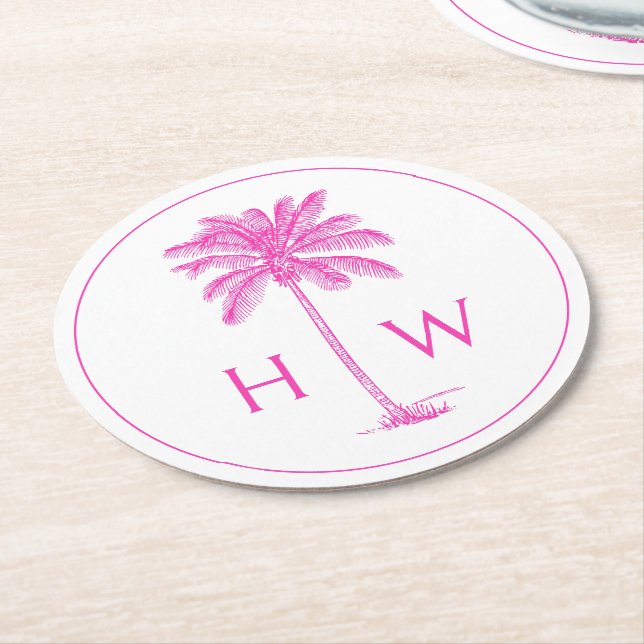 Pink and White Palm Palmetto Tree Monogram Round Paper Coaster (Angled)