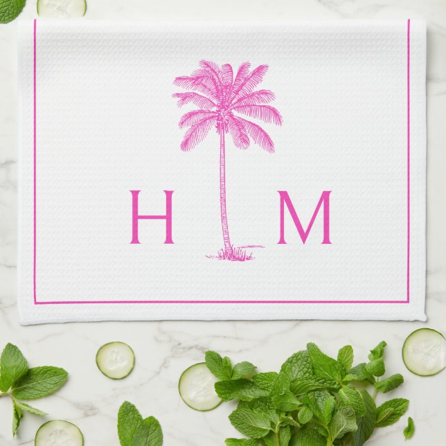 PInk and White Palm Palmetto Tree Monogram Tea Towel (Folded)