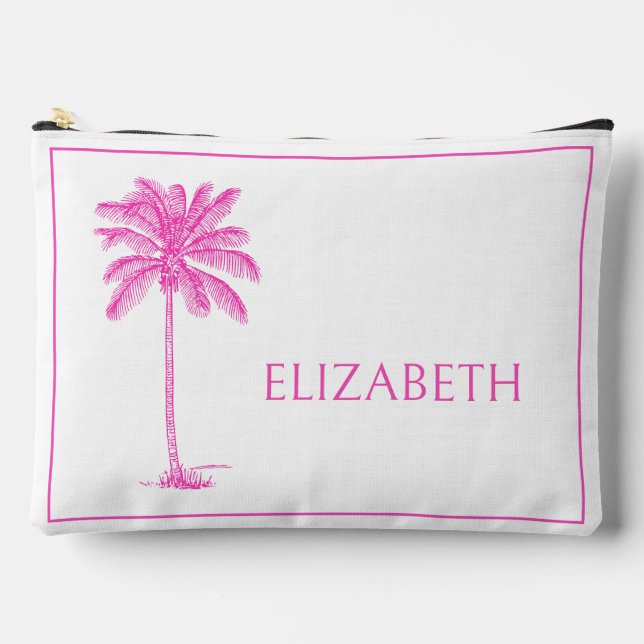 Pink and White Palm Palmetto Tree Personalised Accessory Pouch (Front)