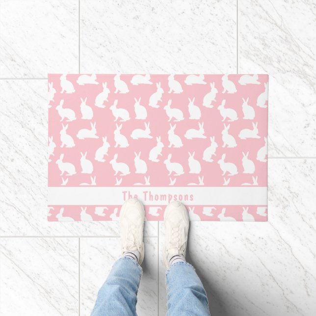 Pink And White Pattern Of Bunnies With A Name Doormat (Indoor)